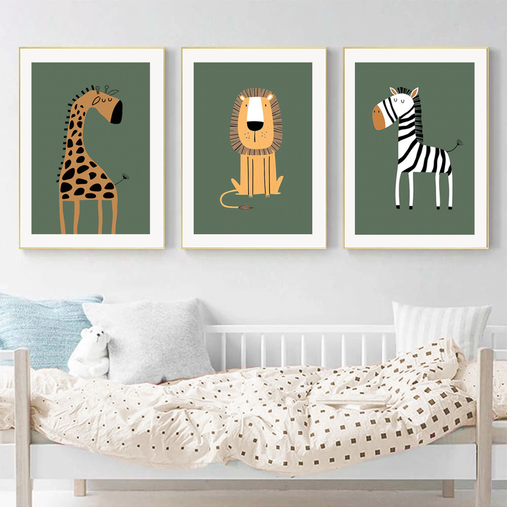 Green Giraffe Zebra Lion Cartoon Posters