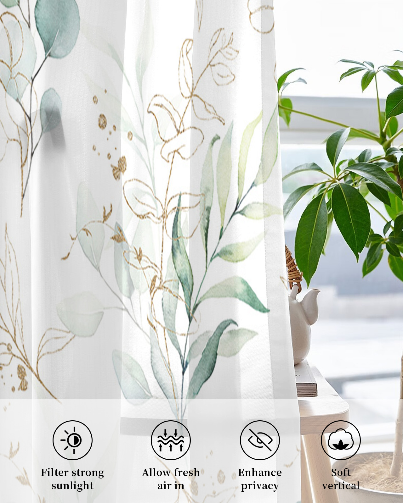 Green Leaf Eucalyptus Plant Tulle Sheer Curtains - Image 5