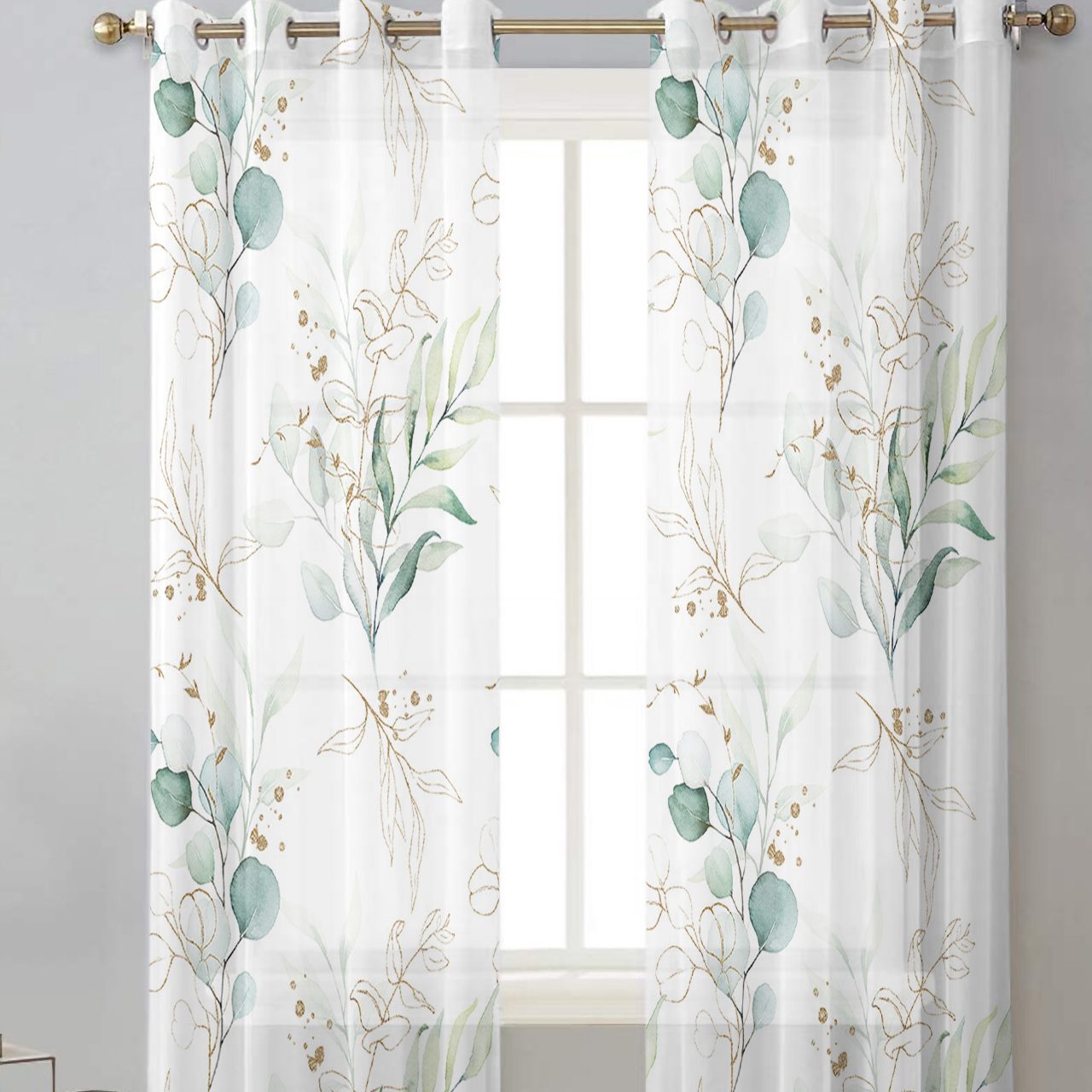 Green Leaf Eucalyptus Plant Tulle Sheer Curtains