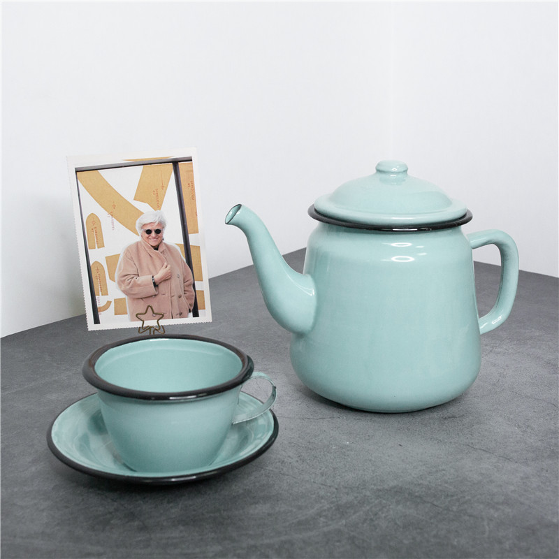 Vintage Enamel Kettle with 4 Cups Trays Set - Image 3