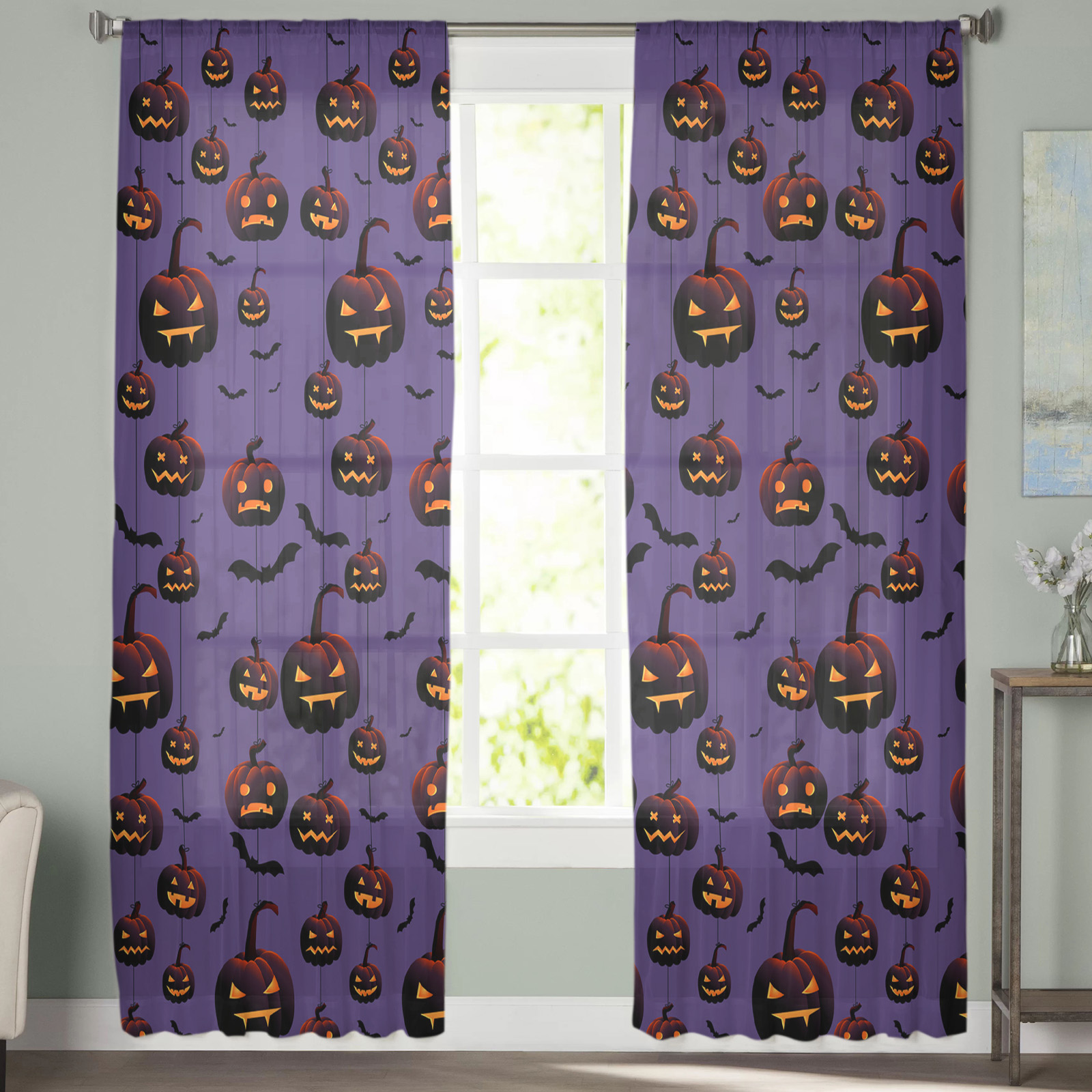 Halloween Pumpkin Bat Purple Transparent Tulle Curtain - Image 2