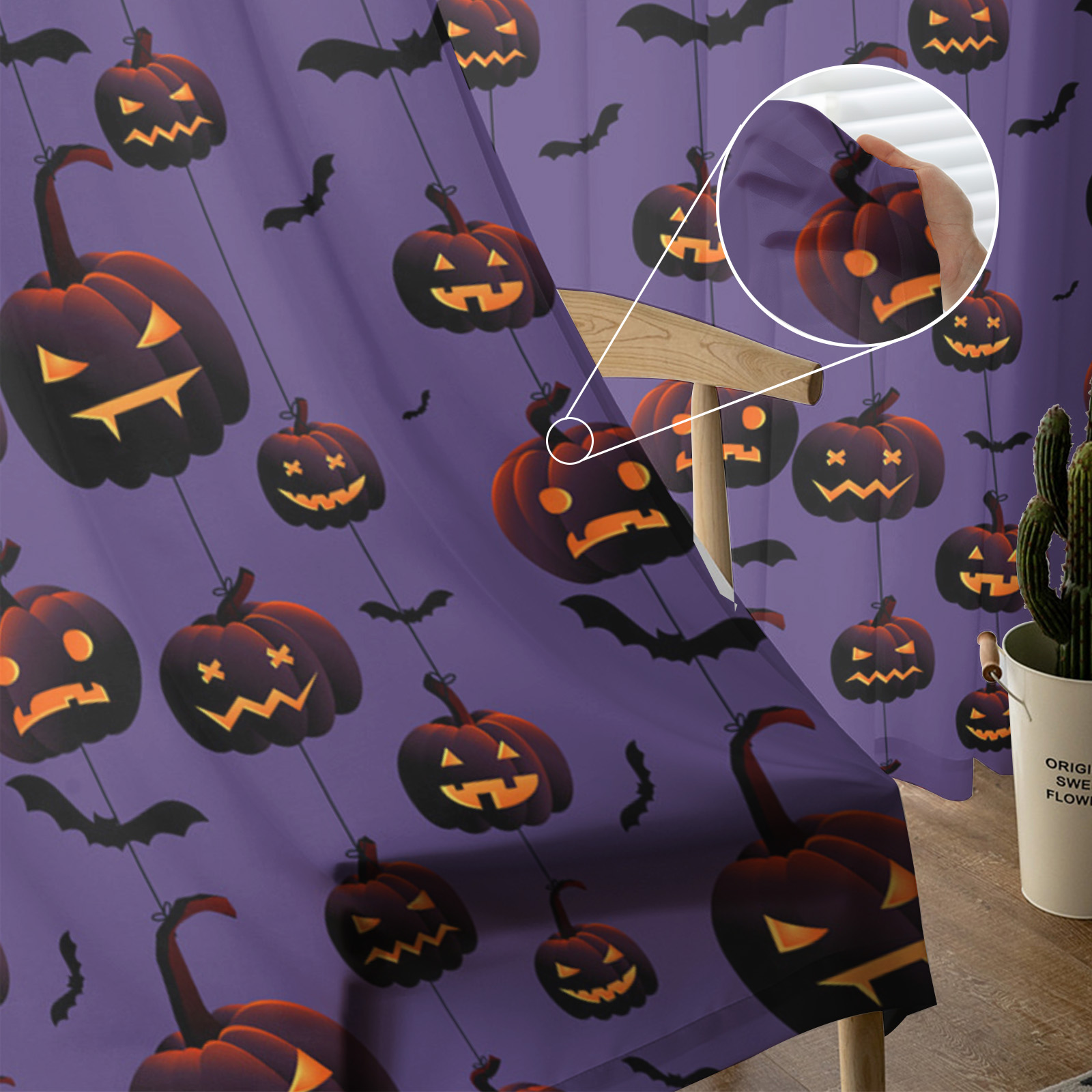 Halloween Pumpkin Bat Purple Transparent Tulle Curtain - Image 3