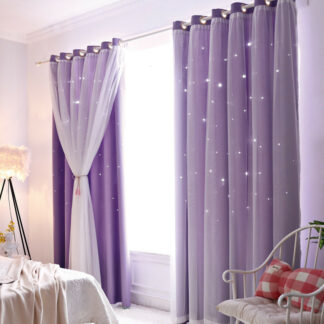 Double Layer Blackout Hollow Starry Star Curtains, Purple