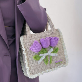 Knitting Purple Tulip Flower Tote Bag Basket