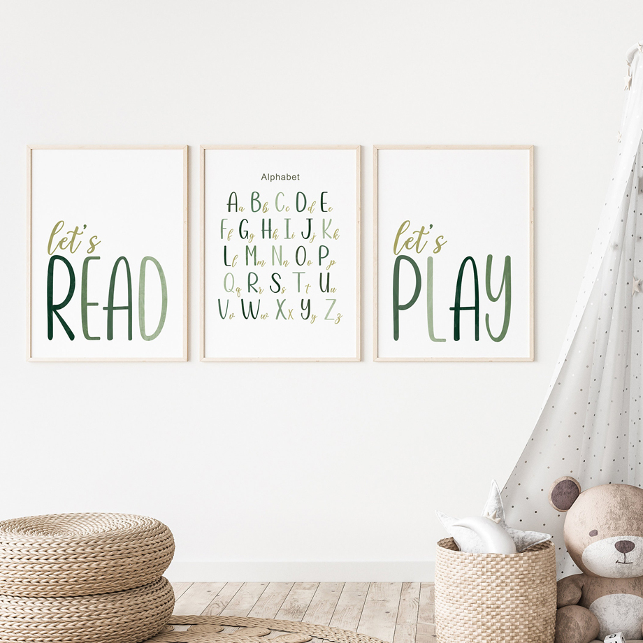 Let's Play Read Green Cartoon Alphabet Math Boho Rainbow Sun Wall Art - Image 2