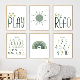 Let's Play Read Green Cartoon Alphabet Math Boho Rainbow Sun Wall Art
