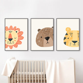 Lion Tiger Bear Watercolor Cartoon Baby Animals Art Canvas
