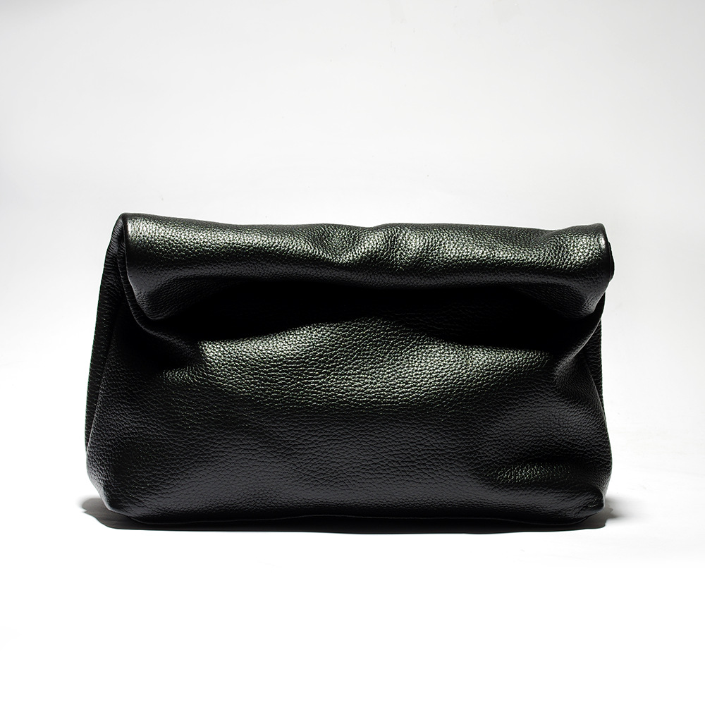 Retro Black Leather Clutch With Rolled Edge
