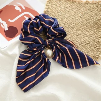 Bowknot Silk Hair Scrunchies Women Pearl, Navy