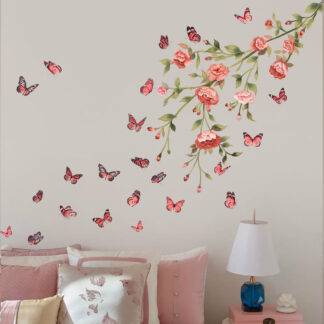 Pink Butterfly Branch Flower Minimalist Wall Stickers