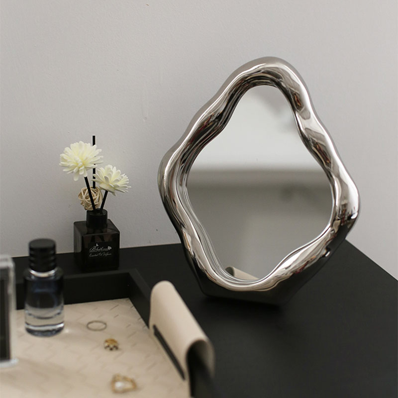 Modern Style Potable Silver Makeup Irregular Wavy Mirror Art - Image 3
