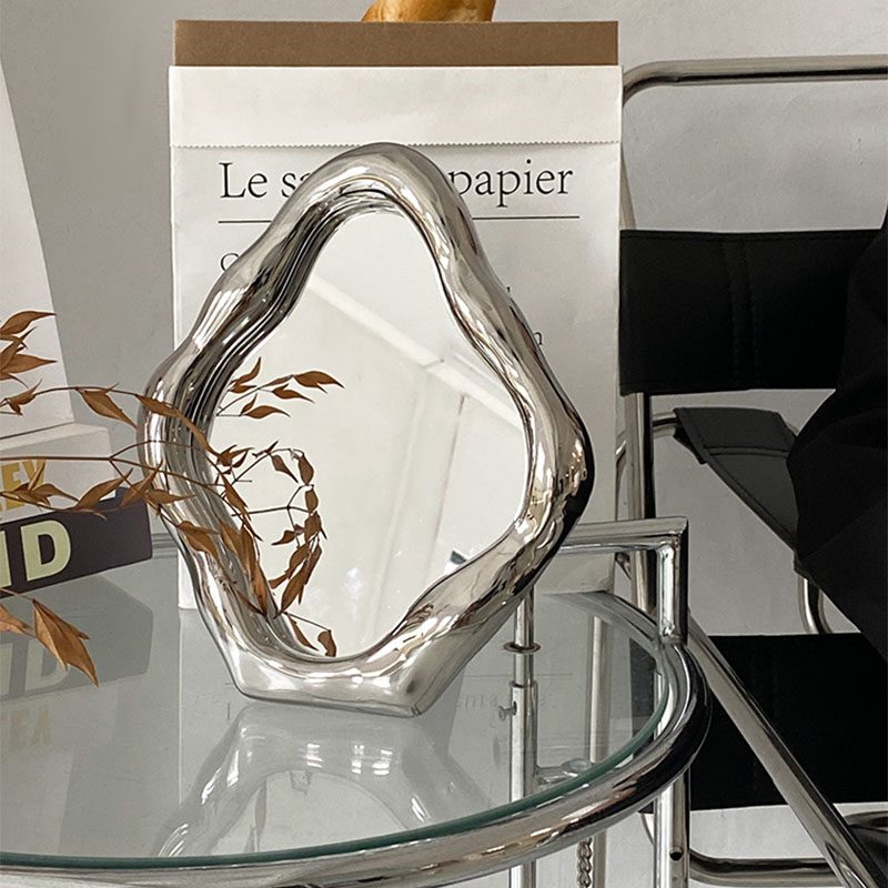 Modern Style Potable Silver Makeup Irregular Wavy Mirror Art - Image 4