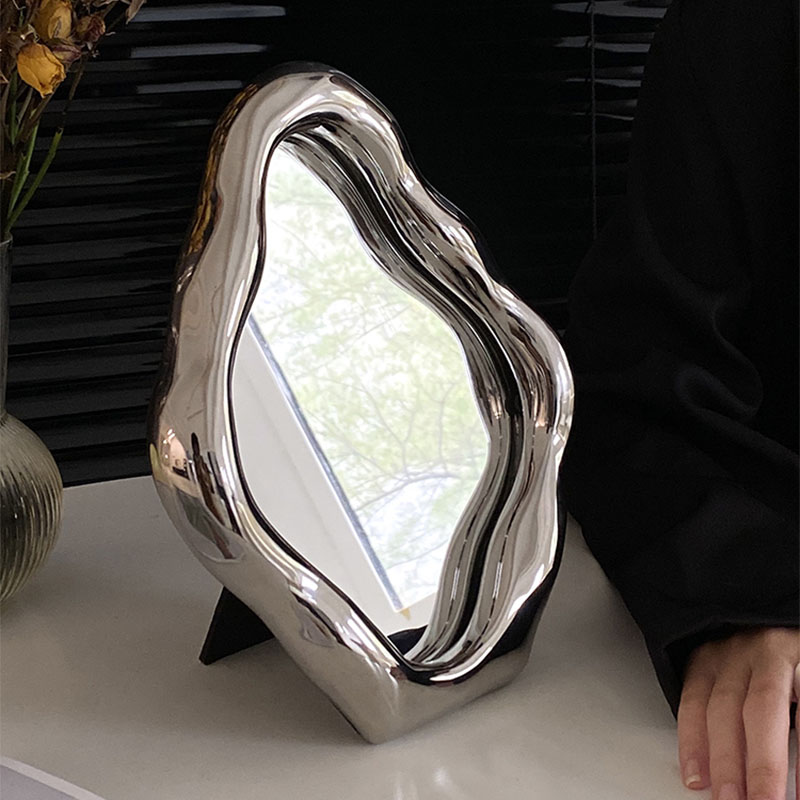 Modern Style Potable Silver Makeup Irregular Wavy Mirror Art - Image 5