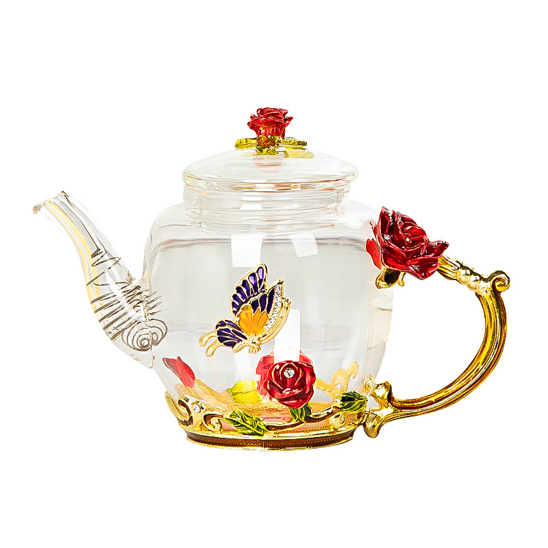 Red rose Enamel Crystal Glass Tea Set - Image 2