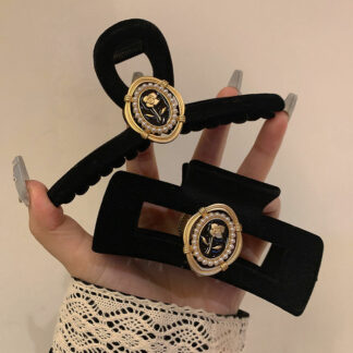Regal Black Velvet Vintage Rose Hair Grab Clip