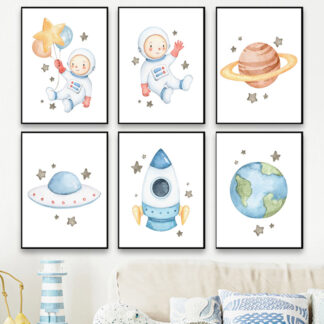 Rocket Earth Saturn Cartoon Astronaut Star Nursery Wall Art
