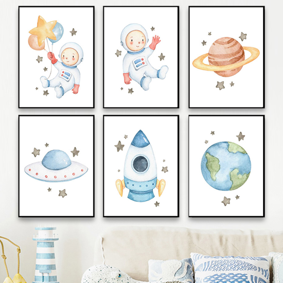 Rocket Earth Saturn Cartoon Astronaut Star Nursery Wall Art