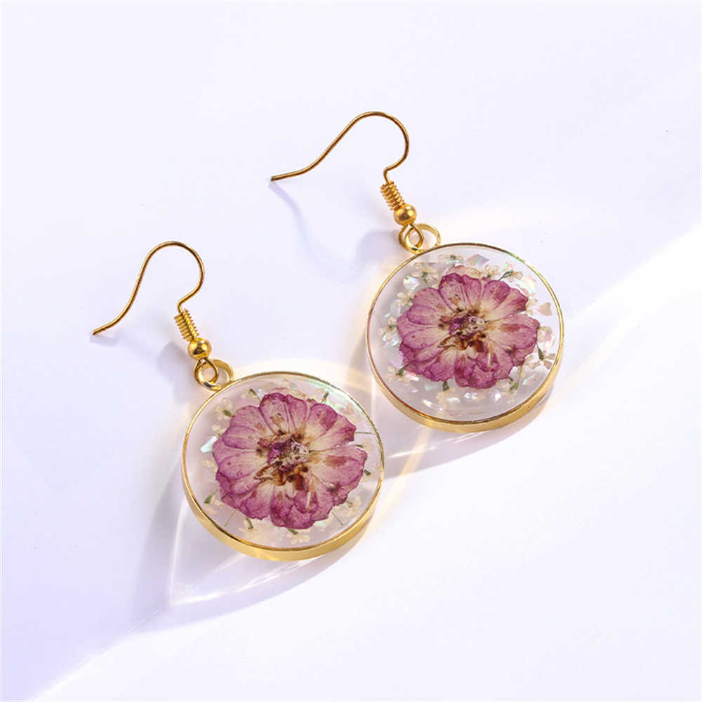 Round Natural Preserved Fresh Dried Flower Resin Earrings - Image 2