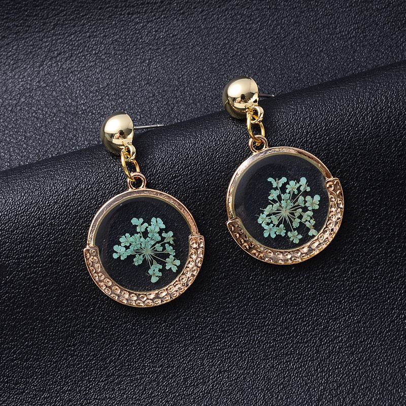 Pressed Round Flat Epoxy Eternal Real Hibiscus Daisy Petal Earring