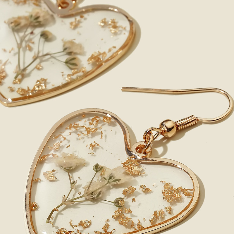 Transparent Resin Dried Camellia Flower Heart Drop Earrings - Image 3