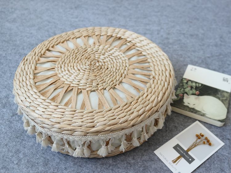 Hand Woven Natural Cattail Grass Round Cushion For Home Decor - Image 3