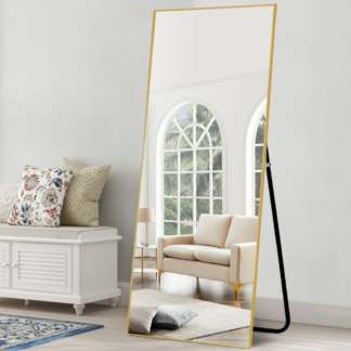 Gold Rectangular Standing Floor Mirror with Aluminum Alloy Thin Frame