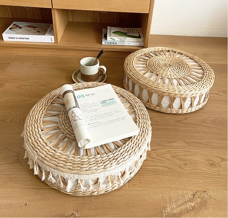 Hand Woven Natural Cattail Grass Round Cushion For Home Decor - Image 2