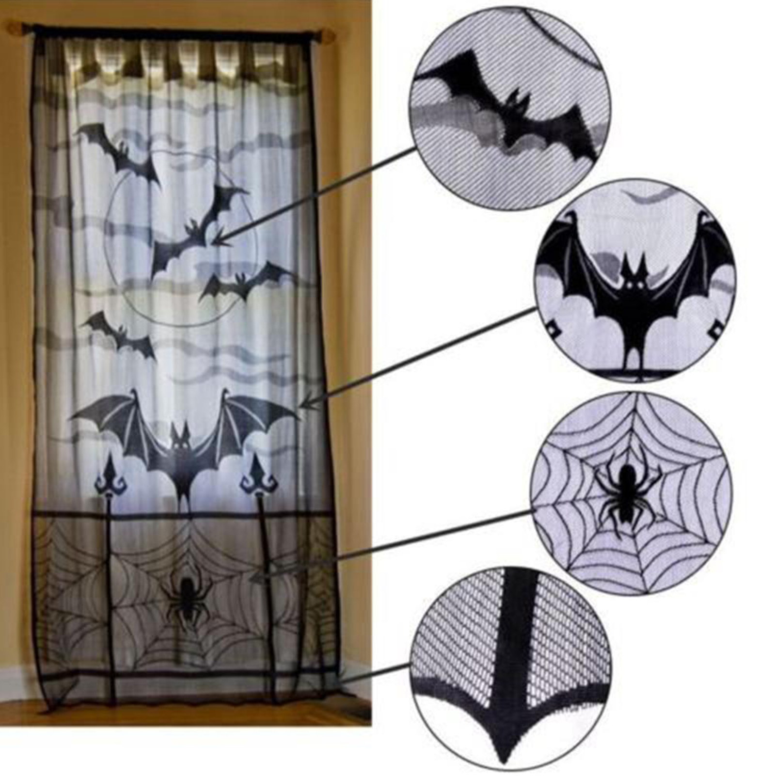 Halloween Black Lace Spider Bat Decorative Curtains - Image 4