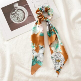 Flower Dots Silk Scarf Scrunchies Long Ribbon Tassel