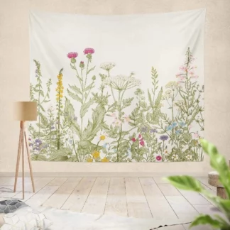Kayel Plant Polyester Fabric Tapestry Flowers and Green White Spring Wall Decor (400x220cm)
