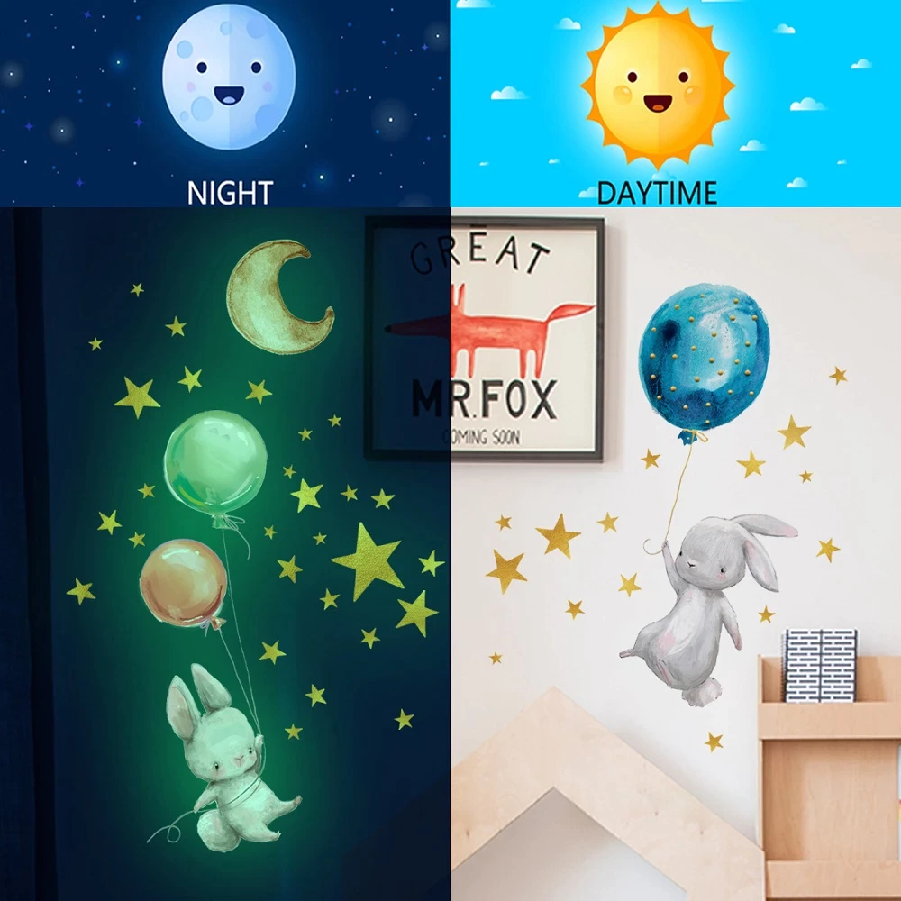 Cartoon Bunny Holding Balloon Luminous Wall Sticker - Image 4