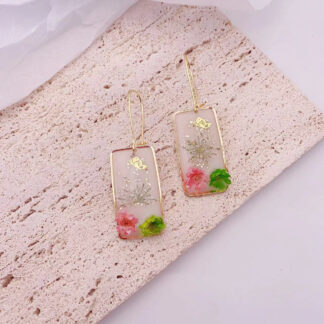 Unique Rectangle Natural Dried Flower Rose Earrings