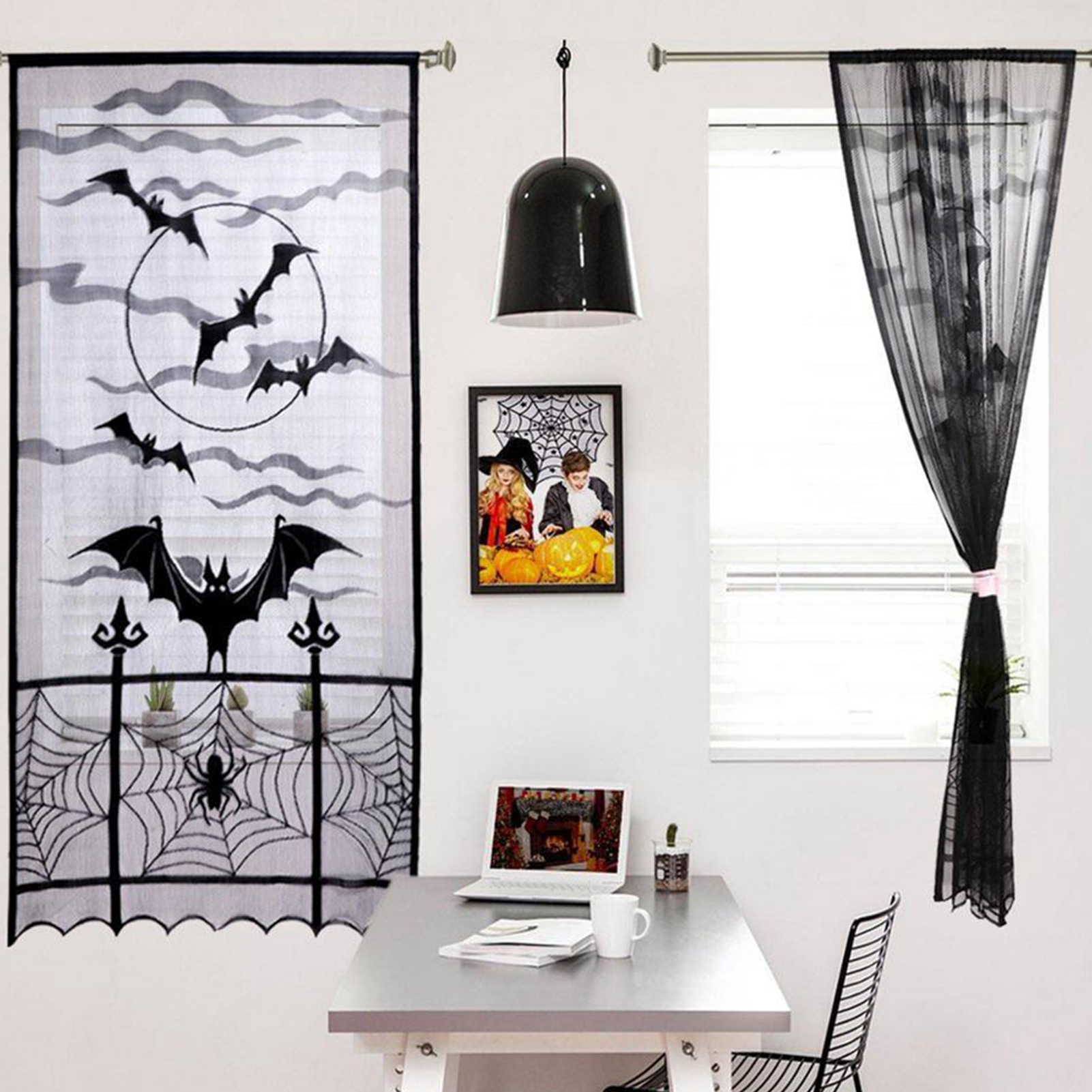 Halloween Black Lace Spider Bat Decorative Curtains - Image 2
