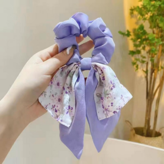 Sweet Flower Printed Bow Scrunchies Elastic, Purple