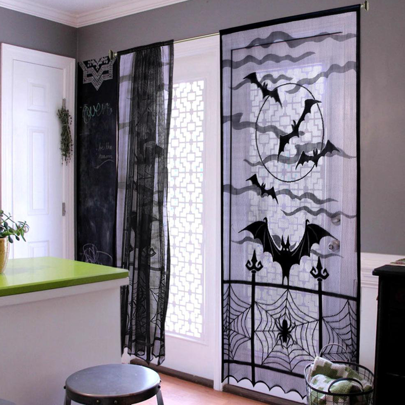 Halloween Black Lace Spider Bat Decorative Curtains - Image 3