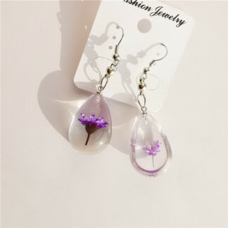 Water Drop Preserved Fresh Purple Daisy Flower Dangle Earring