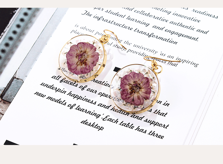 Round Natural Preserved Fresh Dried Flower Resin Earrings - Image 4