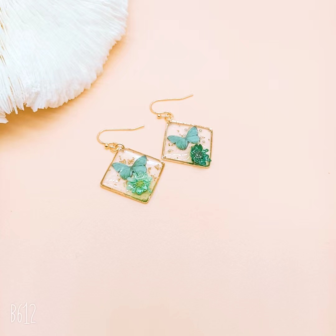 Earring Square Butterfly Dried Natural Flower Unique Pressed Earring