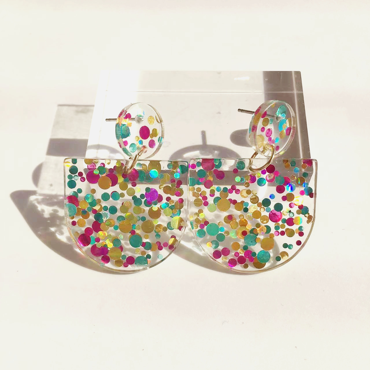 Colorful Semicircle Glitter Geometric Acrylic Resin Drop Earrings - Image 4