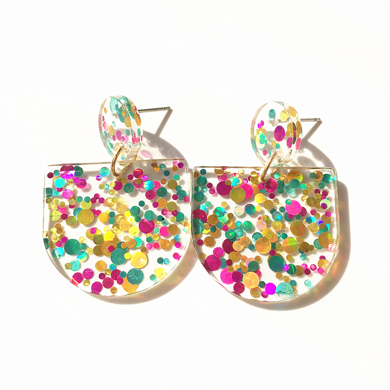 Colorful Semicircle Glitter Geometric Acrylic Resin Drop Earrings - Image 6