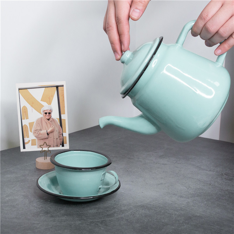 Vintage Enamel Kettle with 4 Cups Trays Set - Image 2