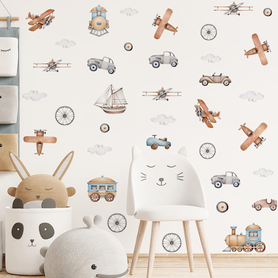 Watercolor Cartoon Airplane Train Wall Stickers for Nursery Decoration - Image 2