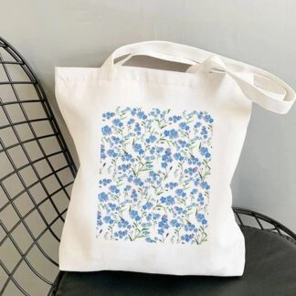 Women Blue Flower Printed Tote Bag, Canvas