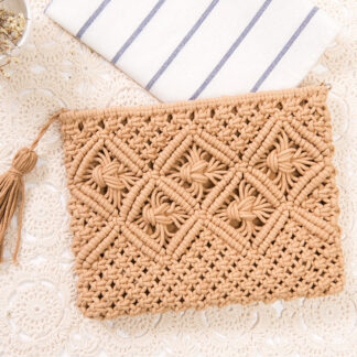 Women Summer Woven Cotton Rope Clutch Bag with Tassel