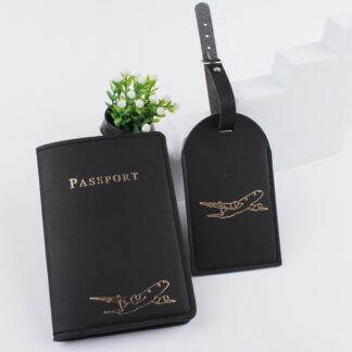 1Set PU Leather Luggage Bag Tag Passport Case, Black