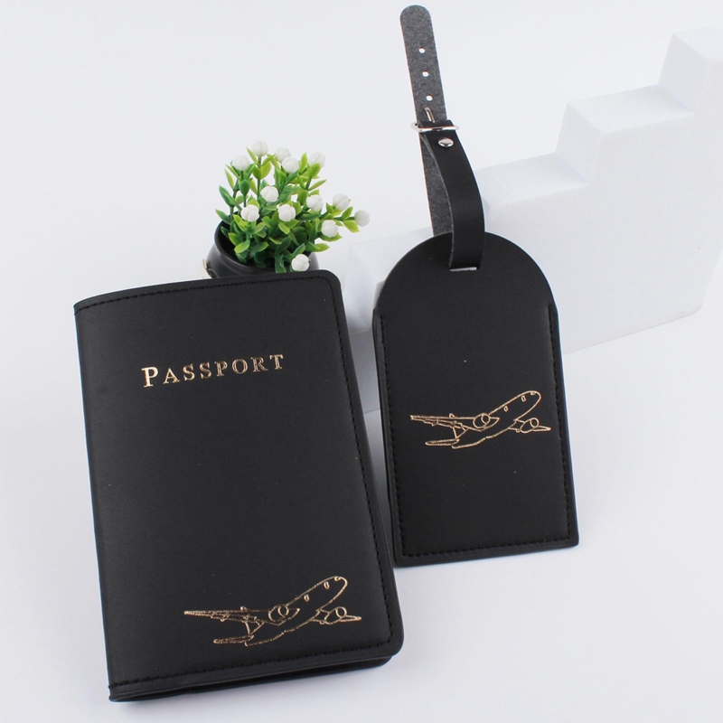 1Set PU Leather Luggage Bag Tag Passport Case, Black