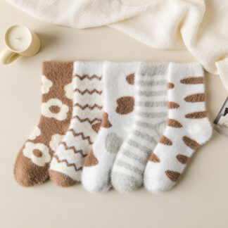 Pattern Plush Warm Color Crew Sleep Socks