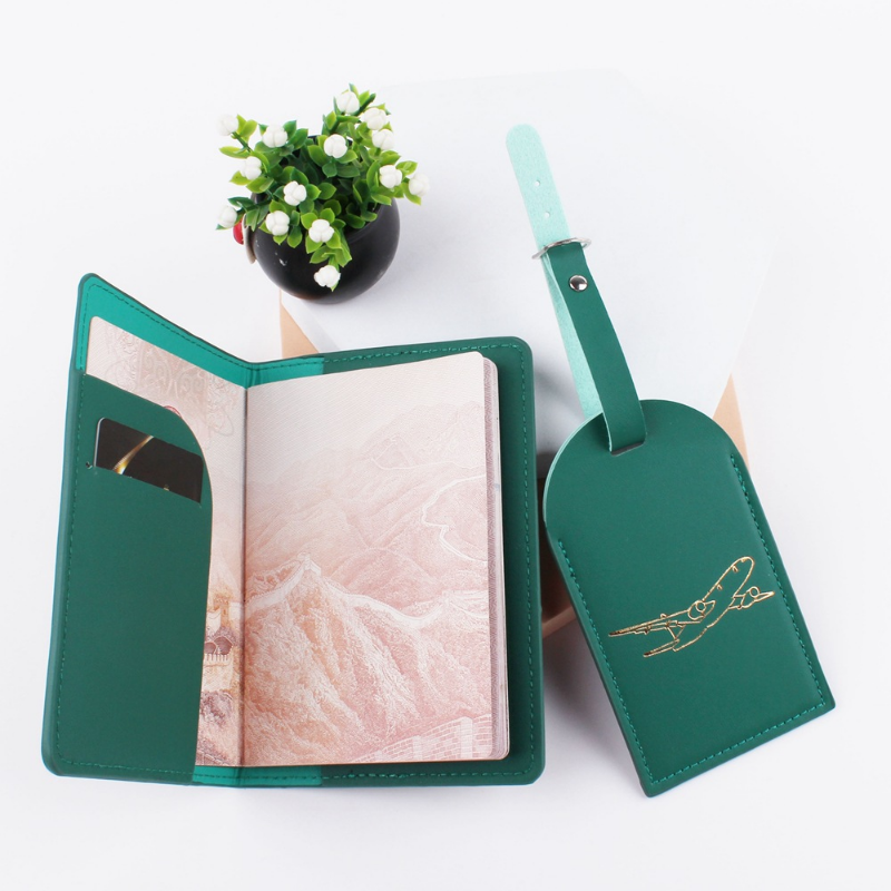 2pcs/set PU Leather Passport Cover Case, Green - Image 2