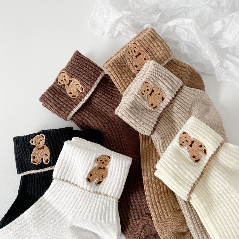 3 Pairs Lot Cartoon Cute Bear Women Cotton Socks
