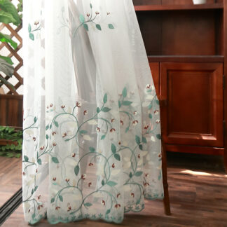 Embroidered Green Floral Tulle Window Treatment Curtains